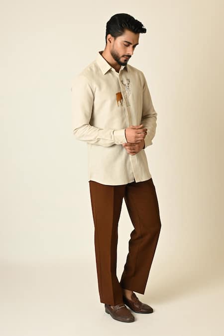 Buy_Paarsh_Cream Linen Embroidery Deer Shirt _Online_at_Aza_Fashions