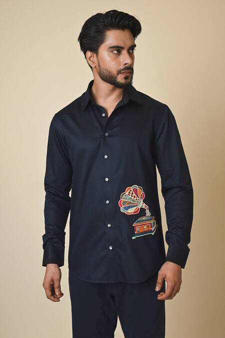 PAARSH Blue Gingham Embroidery Gramophone Shirt Online at Aza Fashions PAARSH_Blue Gingham Embroidery Gramophone Shirt _Online_at_Aza_Fashions