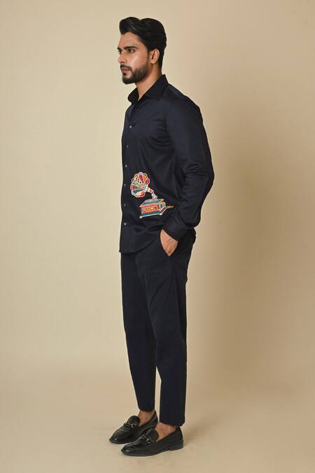 Buy PAARSH Blue Gingham Embroidery Gramophone Shirt Online at Aza Fashions Buy_PAARSH_Blue Gingham Embroidery Gramophone Shirt _Online_at_Aza_Fashions