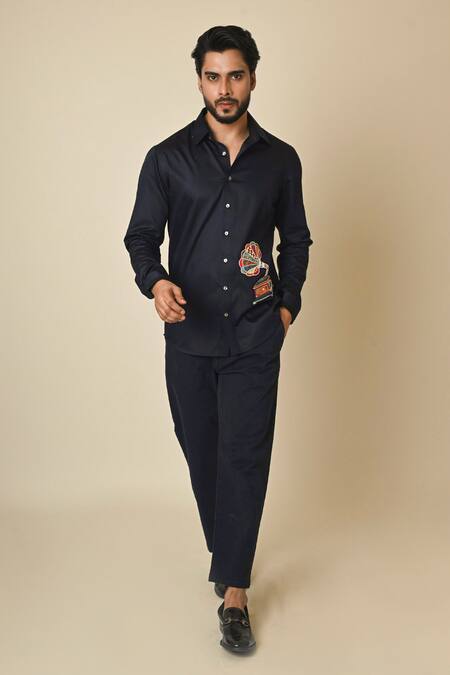 Shop PAARSH Blue Gingham Embroidery Gramophone Shirt Online at Aza Fashions Shop_PAARSH_Blue Gingham Embroidery Gramophone Shirt _Online_at_Aza_Fashions