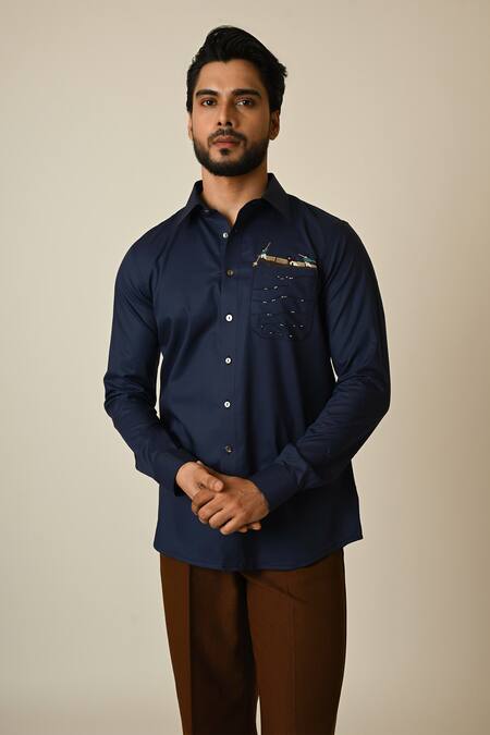 PAARSH_Blue Gabardine Embroidery Rowing Shirt _Online_at_Aza_Fashions