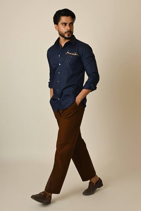 Buy_PAARSH_Blue Gabardine Embroidery Rowing Shirt _Online_at_Aza_Fashions