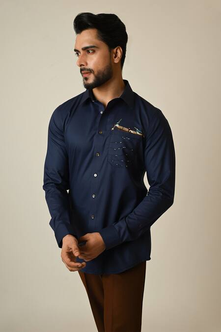 Shop_PAARSH_Blue Gabardine Embroidery Rowing Shirt _Online_at_Aza_Fashions