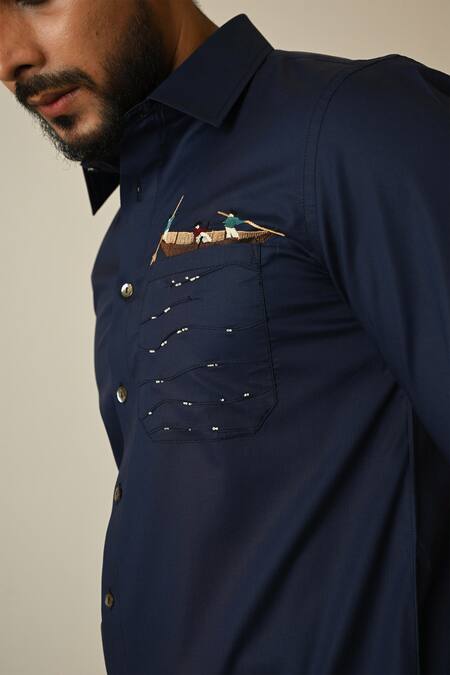 PAARSH_Blue Gabardine Embroidery Rowing Shirt _at_Aza_Fashions