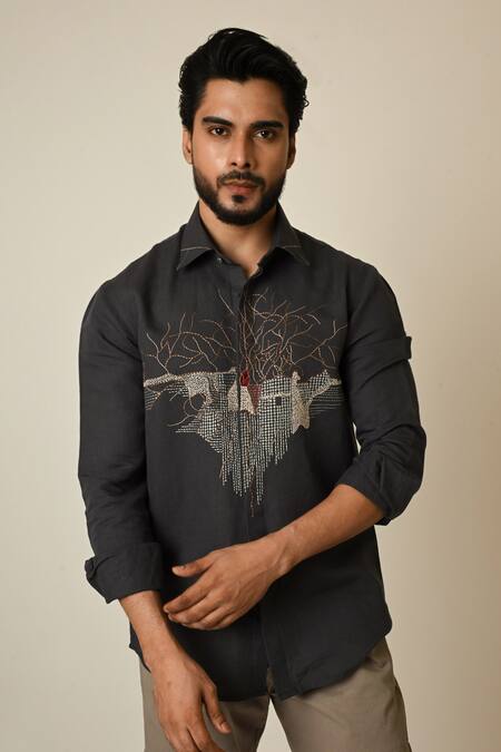 Shop_Paarsh_Grey Linen Embroidery Abstract Heart Shirt _Online_at_Aza_Fashions