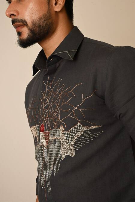 Paarsh_Grey Linen Embroidery Abstract Heart Shirt _at_Aza_Fashions