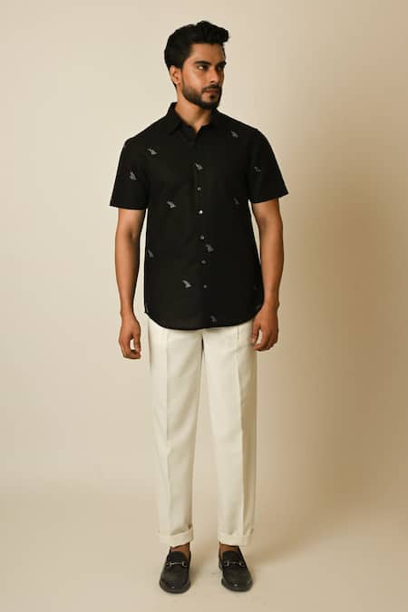 PAARSH_Black Linen Embroidery Pipe Motif Shirt _Online_at_Aza_Fashions
