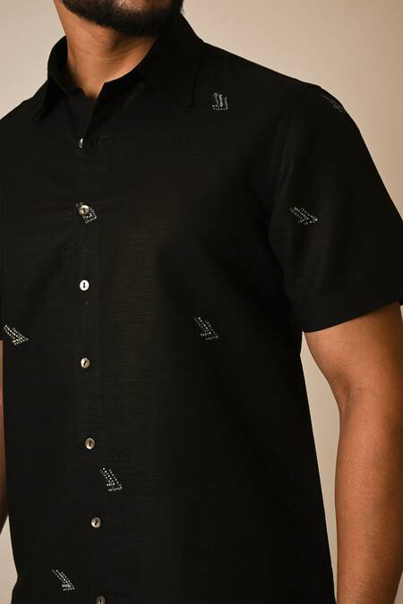 Buy_PAARSH_Black Linen Embroidery Pipe Motif Shirt _Online_at_Aza_Fashions