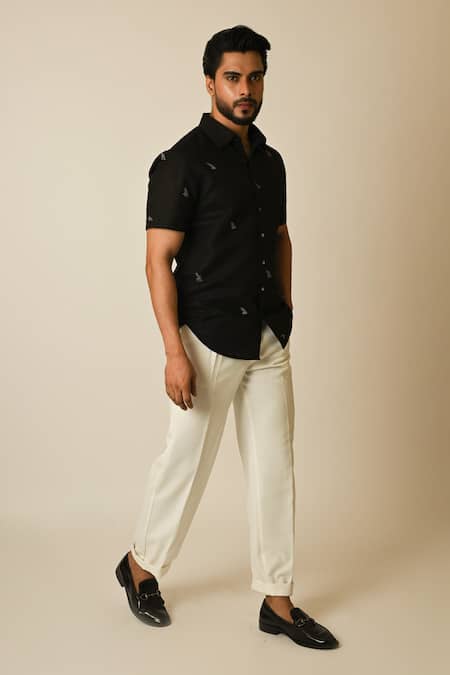 Shop_PAARSH_Black Linen Embroidery Pipe Motif Shirt _Online_at_Aza_Fashions