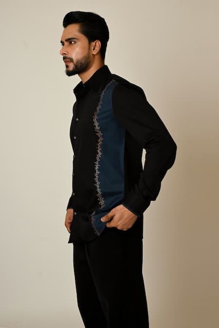 PAARSH_Black Gabardine Embroidery, Pearls Colour Blocking Shirt _Online_at_Aza_Fashions