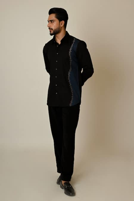 Shop_PAARSH_Black Gabardine Embroidery, Pearls Colour Blocking Shirt _Online_at_Aza_Fashions