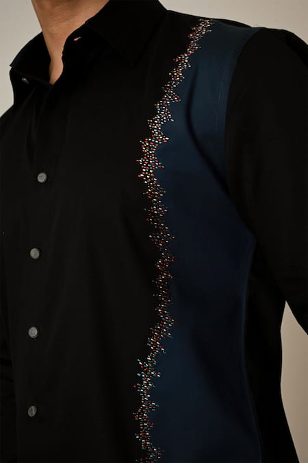PAARSH_Black Gabardine Embroidery, Pearls Colour Blocking Shirt _at_Aza_Fashions