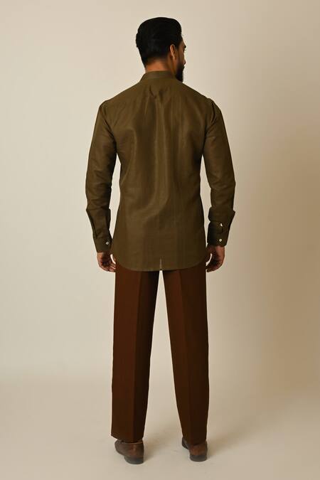 Shop_Paarsh_Green Linen Embroidery Breezy Shirt _at_Aza_Fashions