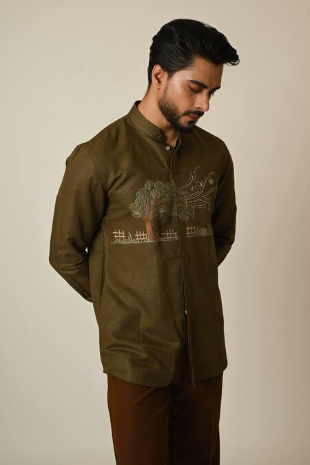 Paarsh_Green Linen Embroidery Breezy Shirt _Online_at_Aza_Fashions