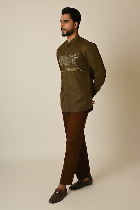 Buy_Paarsh_Green Linen Embroidery Breezy Shirt _Online_at_Aza_Fashions