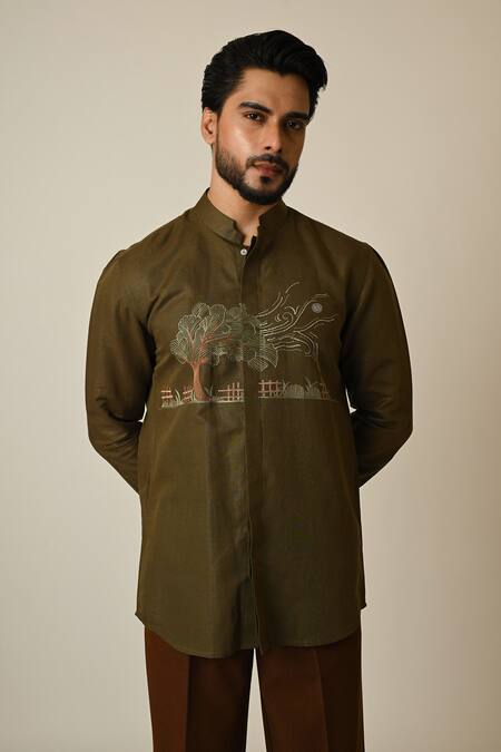 Paarsh_Green Linen Embroidery Breezy Shirt _at_Aza_Fashions