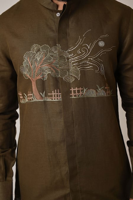 Buy_Paarsh_Green Linen Embroidery Breezy Shirt 