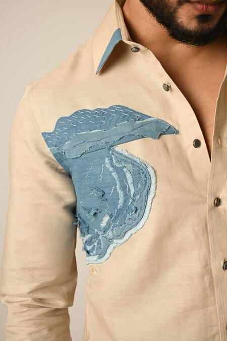 Buy_PAARSH_Beige Denim, Linen Embroidery Beach Shirt _Online_at_Aza_Fashions