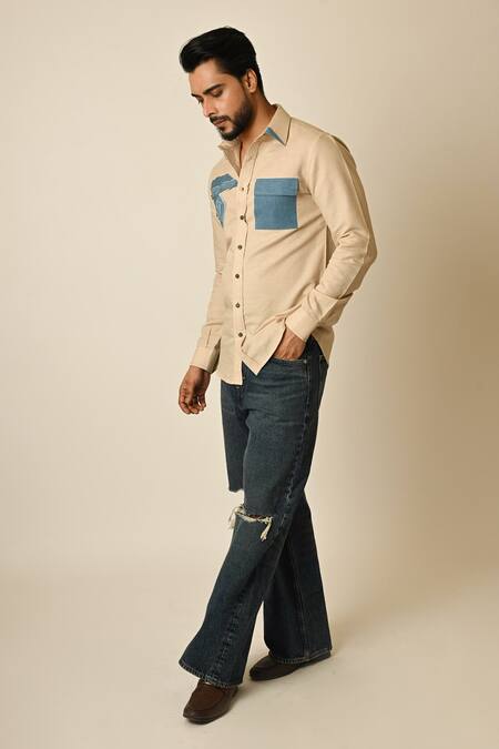 Shop_PAARSH_Beige Denim, Linen Embroidery Beach Shirt _Online_at_Aza_Fashions