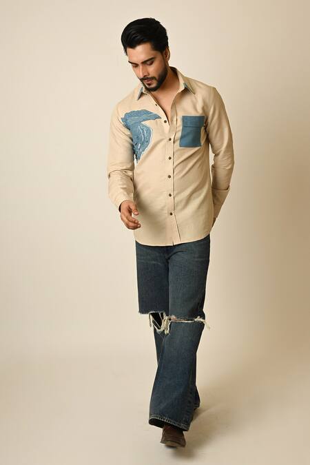 PAARSH_Beige Denim, Linen Embroidery Beach Shirt _at_Aza_Fashions