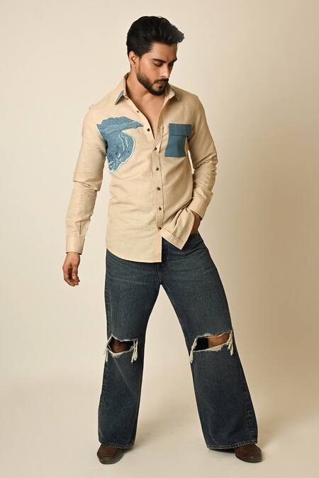 Buy_PAARSH_Beige Denim, Linen Embroidery Beach Shirt 