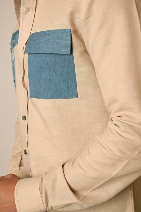 Shop_PAARSH_Beige Denim, Linen Embroidery Beach Shirt 