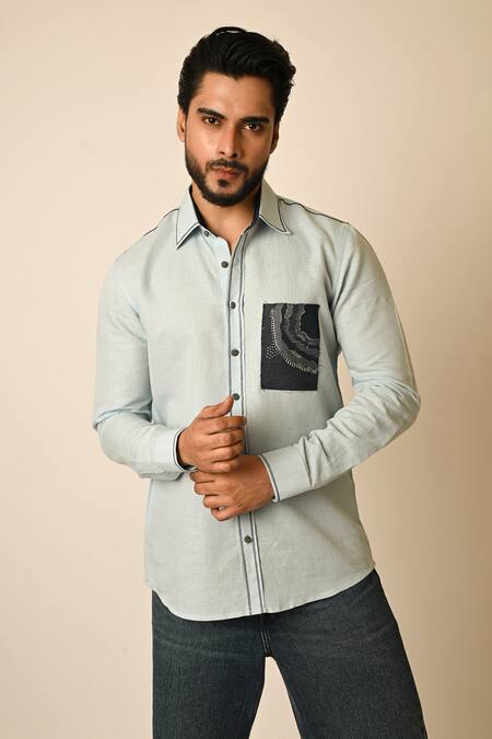 PAARSH Blue Linen Embroidery Depth Shirt Online at Aza Fashions PAARSH_Blue Linen Embroidery Depth Shirt _Online_at_Aza_Fashions