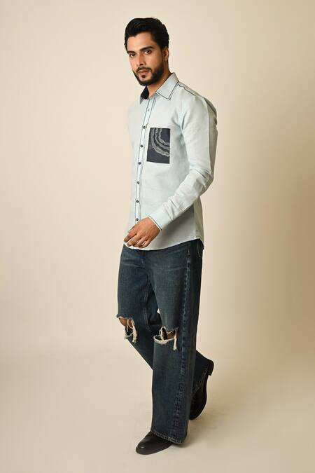 Buy PAARSH Blue Linen Embroidery Depth Shirt Online at Aza Fashions Buy_PAARSH_Blue Linen Embroidery Depth Shirt _Online_at_Aza_Fashions