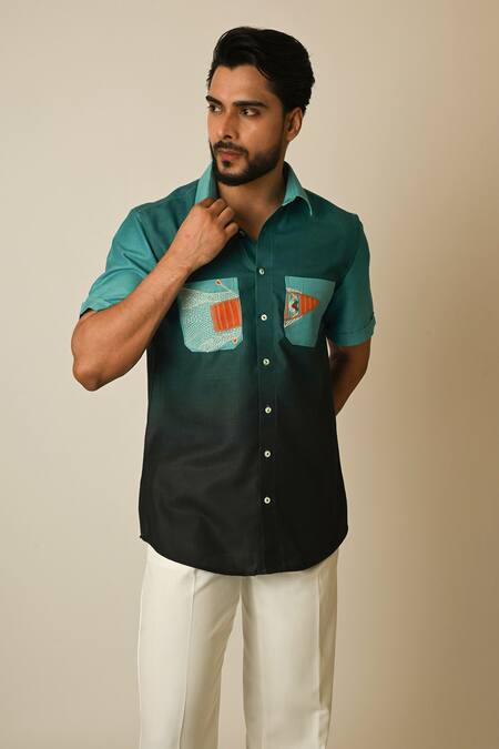 PAARSH_Blue Linen Embroidery Shaded Boat Shirt _Online_at_Aza_Fashions