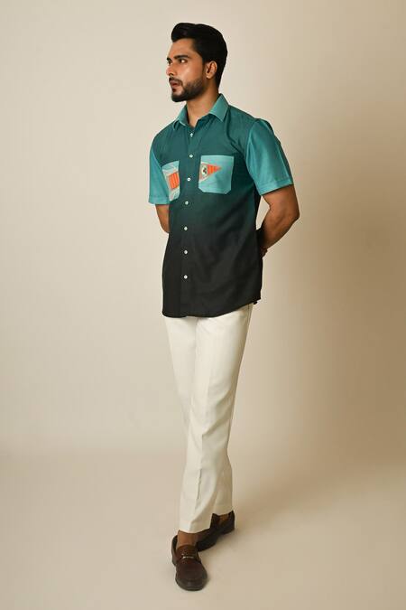 Buy_PAARSH_Blue Linen Embroidery Shaded Boat Shirt _Online_at_Aza_Fashions