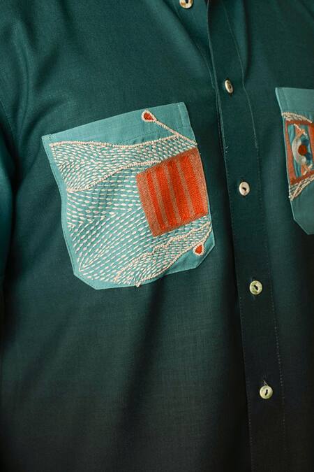 PAARSH_Blue Linen Embroidery Shaded Boat Shirt _at_Aza_Fashions