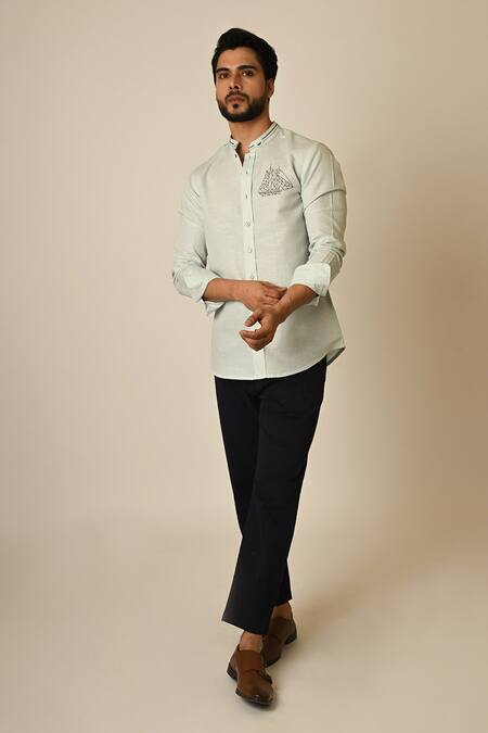 PAARSH_Blue Linen Embroidery World Map Shirt _Online_at_Aza_Fashions