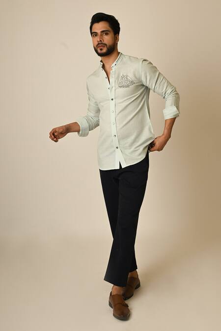 Buy_PAARSH_Blue Linen Embroidery World Map Shirt _Online_at_Aza_Fashions