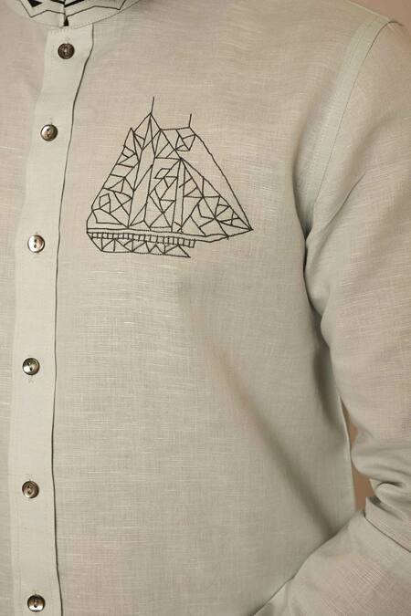 PAARSH_Blue Linen Embroidery World Map Shirt _at_Aza_Fashions