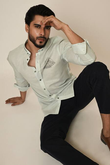 Buy_PAARSH_Blue Linen Embroidery World Map Shirt 