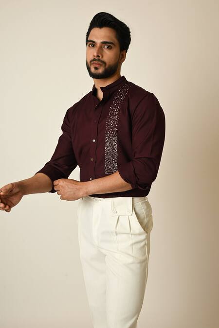 PAARSH Wine Terrycloth Embroidery Drowning Shirt Online at Aza Fashions PAARSH_Wine Terrycloth Embroidery Drowning Shirt _Online_at_Aza_Fashions