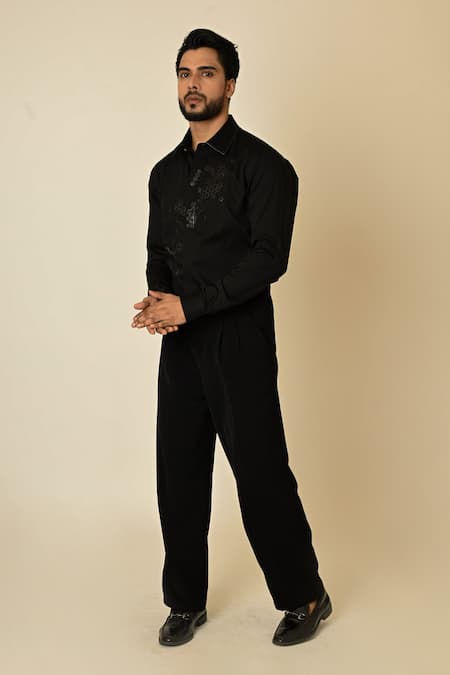 PAARSH_Black Gabardine Cut Work, Embroidery Broken Honeycomb Embellished Shirt _Online_at_Aza_Fashions
