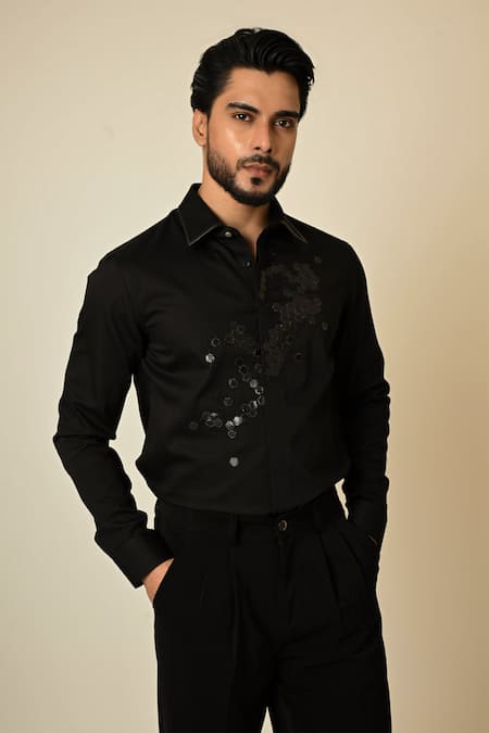 Buy_PAARSH_Black Gabardine Cut Work, Embroidery Broken Honeycomb Embellished Shirt _Online_at_Aza_Fashions