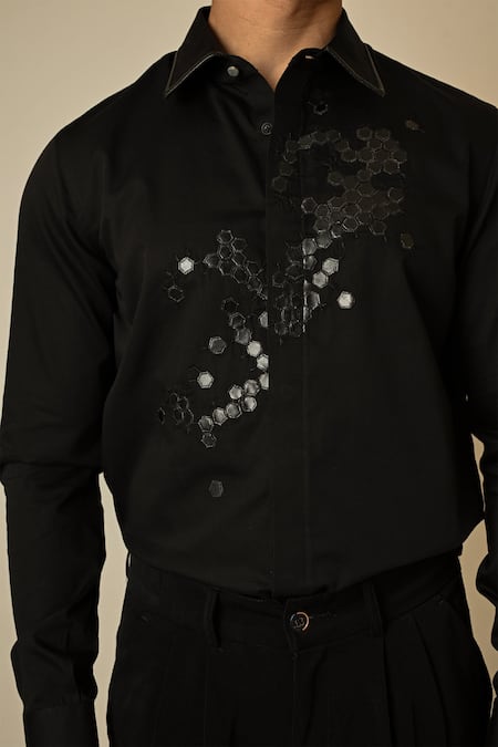 Shop_PAARSH_Black Gabardine Cut Work, Embroidery Broken Honeycomb Embellished Shirt _Online_at_Aza_Fashions