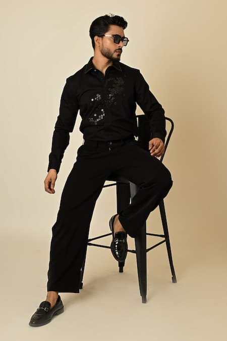 Buy_PAARSH_Black Gabardine Cut Work, Embroidery Broken Honeycomb Embellished Shirt 
