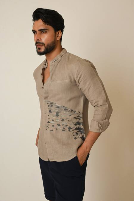PAARSH_Beige Linen Embroidery Splash Shirt _Online_at_Aza_Fashions