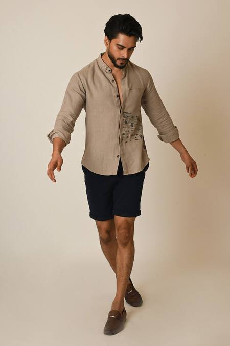 Buy_PAARSH_Beige Linen Embroidery Splash Shirt _Online_at_Aza_Fashions