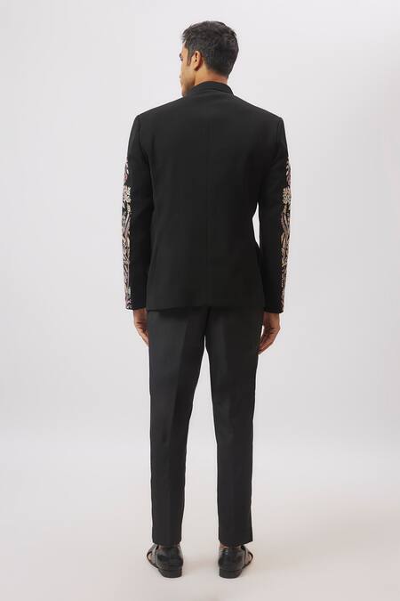 Shop_Nero By Shaifali And Satya_Black Suiting Embroidered Thread Jodhpuri With Trouser_at_Aza_Fashions