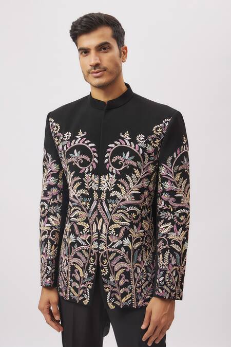 Buy_Nero By Shaifali And Satya_Black Suiting Embroidered Thread Jodhpuri With Trouser_Online_at_Aza_Fashions