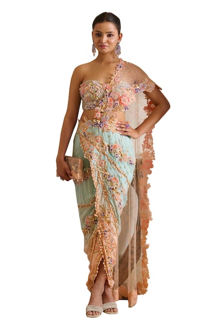 Buy_Moledro_Peach Silk, Rian Park Bloom Embroidered Pre-draped Saree With Tube Blouse 