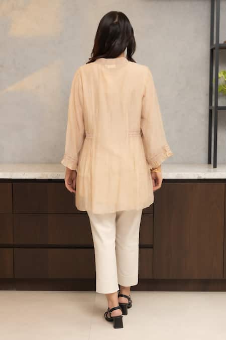 Shop OMI Beige Chanderi, Cotton Lace Mandarin Collar Nora Embellished Tunic With Slip at Aza Fashions Shop_OMI_Beige Chanderi, Cotton Lace Mandarin Collar Nora Embellished Tunic With Slip _at_Aza_Fashions
