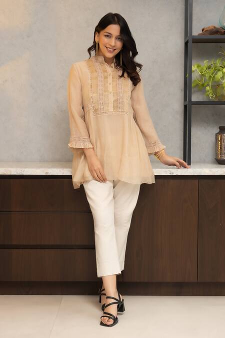 OMI Beige Chanderi, Cotton Lace Mandarin Collar Nora Embellished Tunic With Slip Online at Aza Fashions OMI_Beige Chanderi, Cotton Lace Mandarin Collar Nora Embellished Tunic With Slip _Online_at_Aza_Fashions