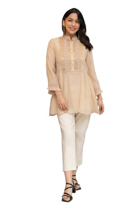 Buy OMI Beige Chanderi, Cotton Lace Mandarin Collar Nora Embellished Tunic With Slip Online at Aza Fashions Buy_OMI_Beige Chanderi, Cotton Lace Mandarin Collar Nora Embellished Tunic With Slip _Online_at_Aza_Fashions