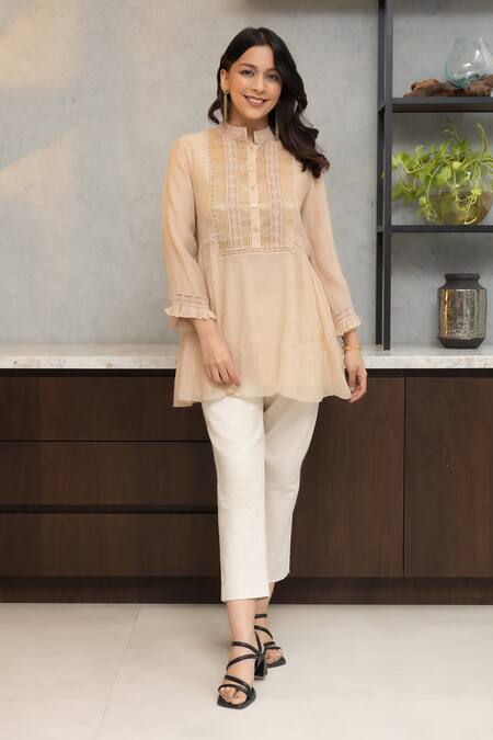 Shop OMI Beige Chanderi, Cotton Lace Mandarin Collar Nora Embellished Tunic With Slip Online at Aza Fashions Shop_OMI_Beige Chanderi, Cotton Lace Mandarin Collar Nora Embellished Tunic With Slip _Online_at_Aza_Fashions