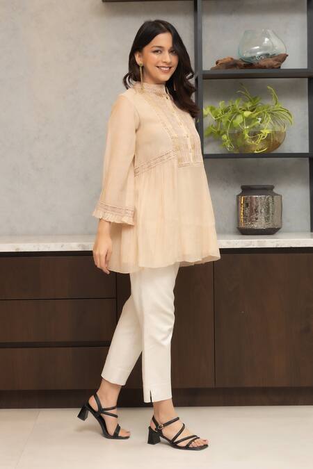 OMI Beige Chanderi, Cotton Lace Mandarin Collar Nora Embellished Tunic With Slip at Aza Fashions OMI_Beige Chanderi, Cotton Lace Mandarin Collar Nora Embellished Tunic With Slip _at_Aza_Fashions